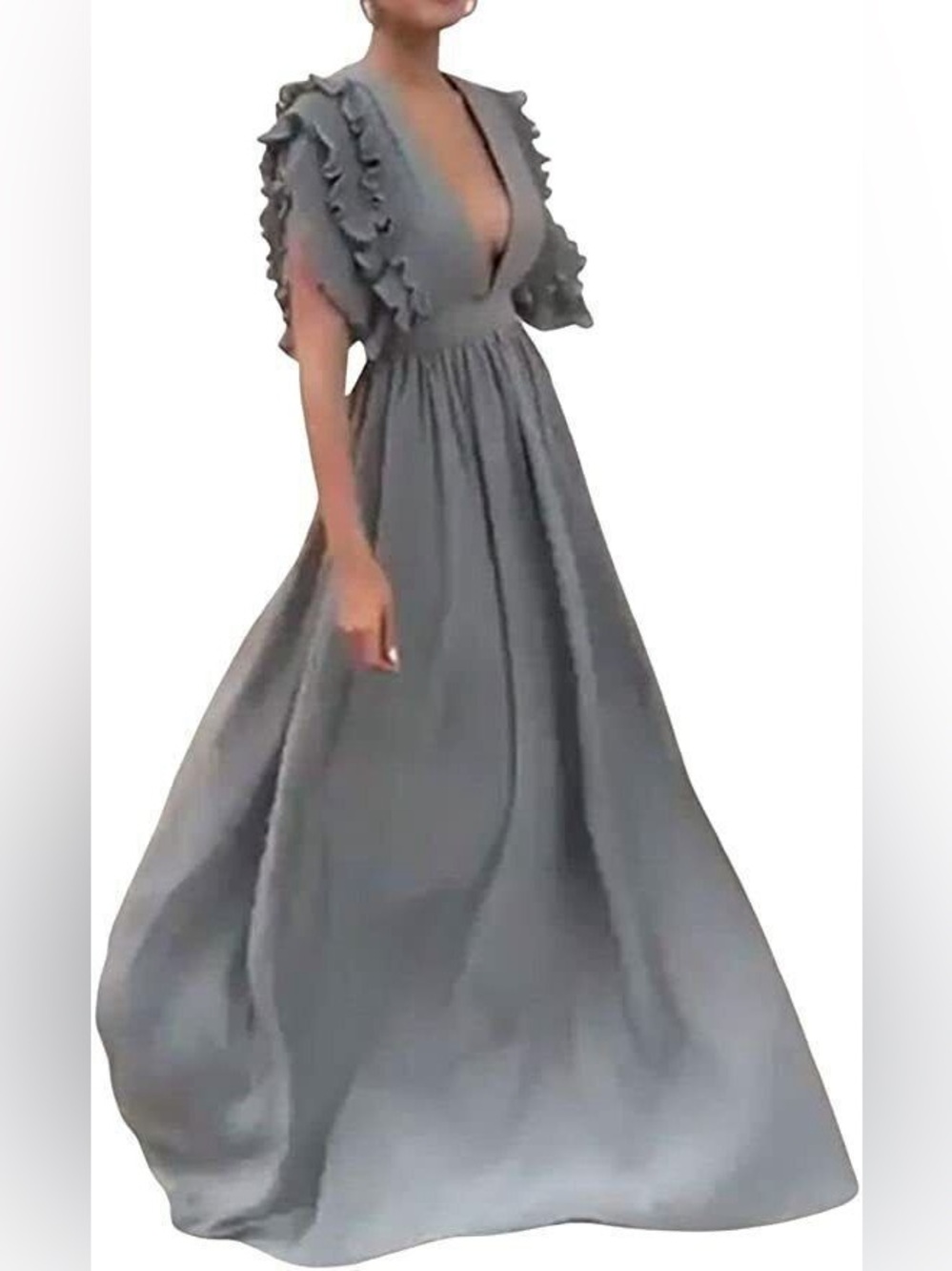 Elegant Gray Ruffle Maxi Dress - Women